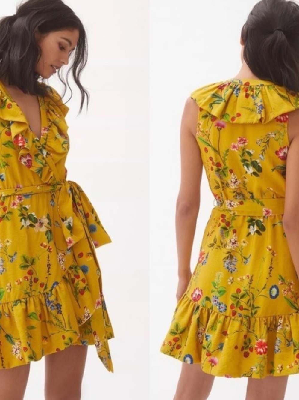 Maeve Anthropologie Yellow Strawberry Floral Ruffle Wrap Dress 🍓